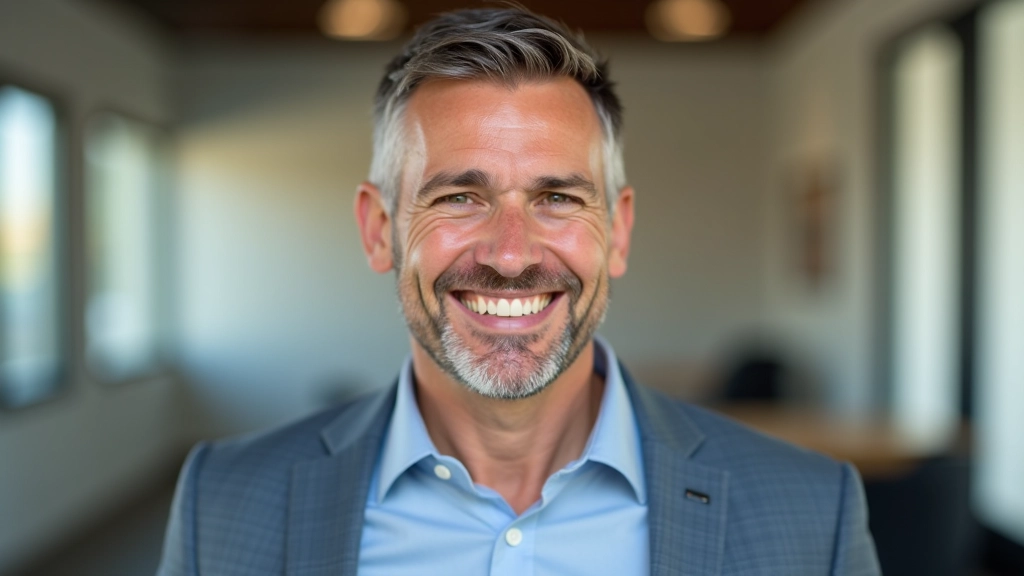 Formador de inglês profissional, homem aged 45, retrato profissional de busto, sorriso amigável, escritório moderno, iluminação natural, foco nítido