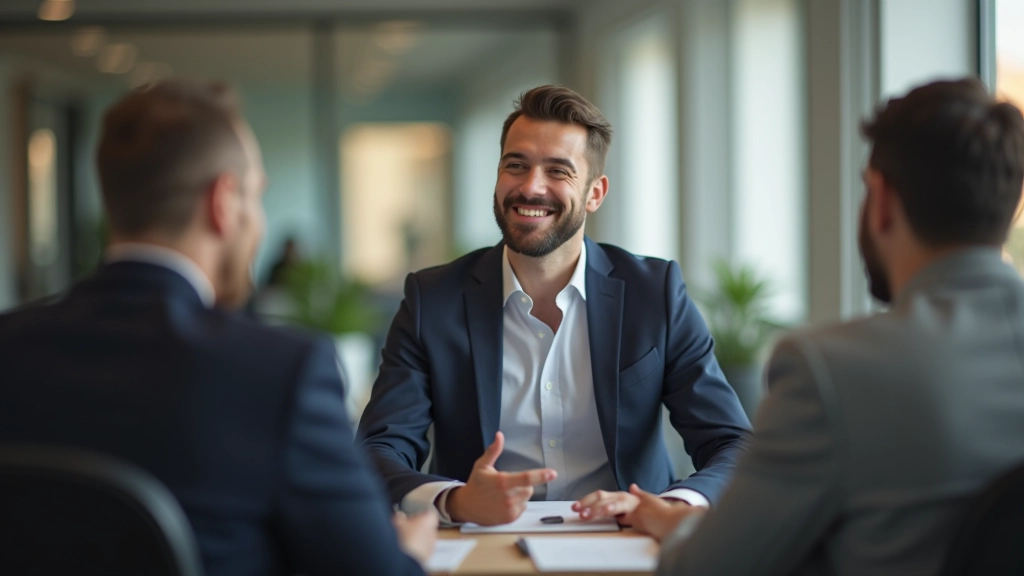 Profissional em entrevista de emprego, apresentação confiante durante reunião em escritório moderno, foco nítido