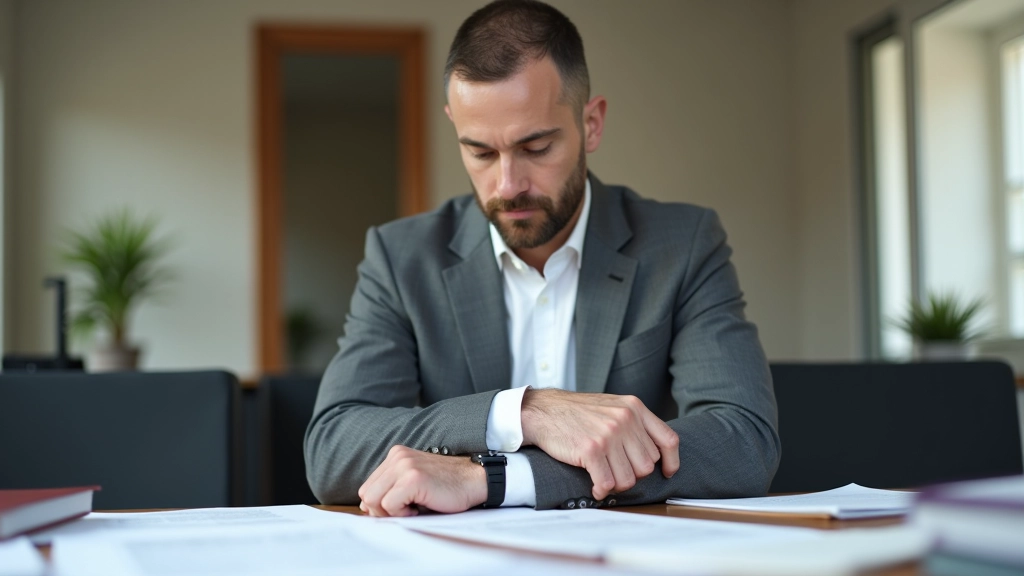 Homem profissional com fato cinzento observando relógio de pulso, preparando-se para sair, mesa de trabalho organizada com documentos e pasta, luz matinal da janela