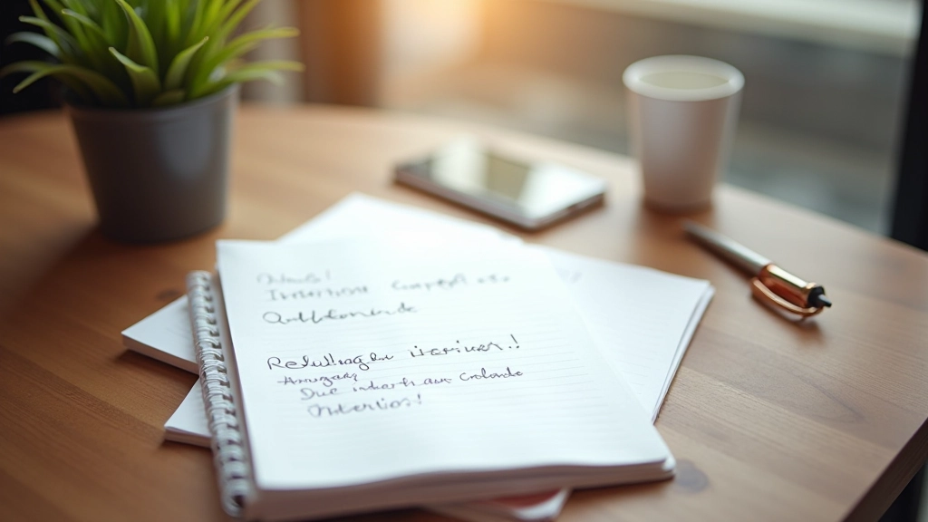 Caderno aberto com notas de entrevista ao lado de caneta e xícara de café sobre mesa de madeira, luz natural da manhã
