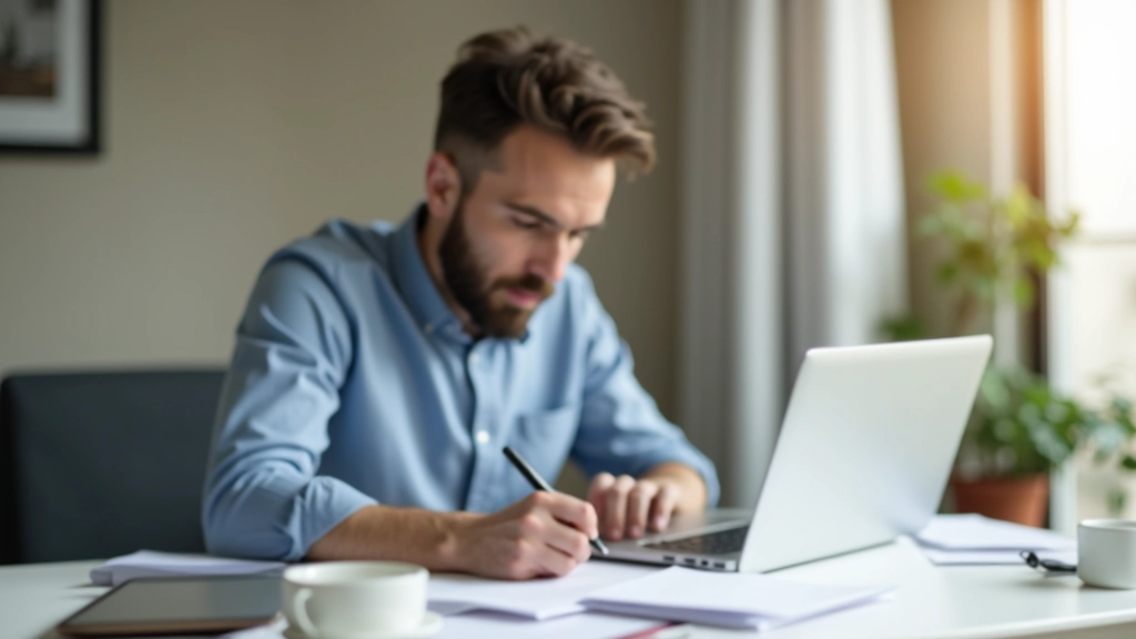 Pessoa escrevendo num computador portátil, mesa organizada com caneta, café e papéis brancos, luz natural do dia, foco nítido