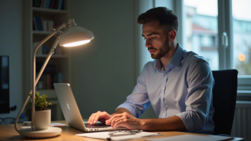 Pessoa revisando CV em inglês no computador portátil, mesa com documentos, caneta e óculos, ambiente profissional bem iluminado