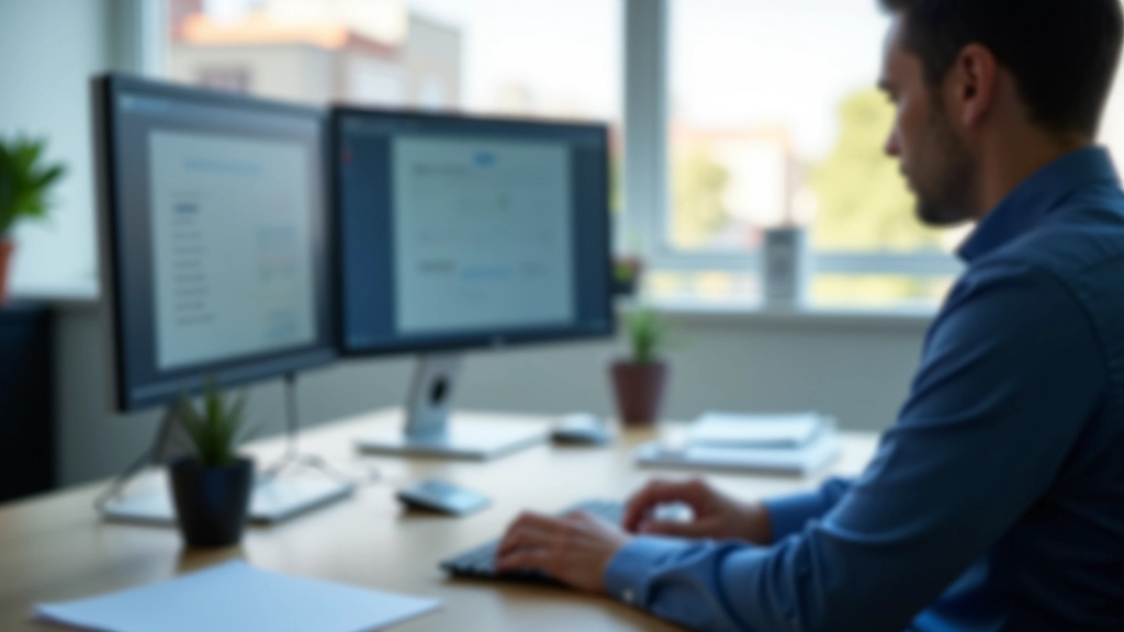 Pessoa digitando num computador com palavras-chave destacadas num monitor secundário, espaço de trabalho moderno com dois ecrãs, iluminação azul-branca