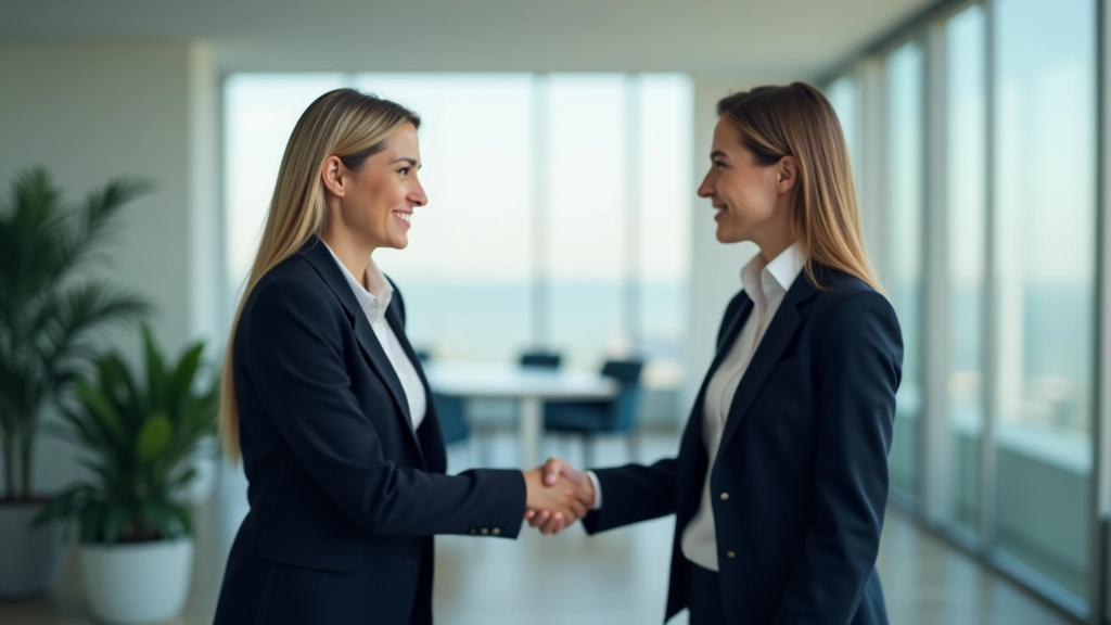 Duas pessoas profissionais apertando mãos numa sala de reunião com grande janela de vidro, expressões amigáveis, luz natural abundante, primeiro encontro positivo
