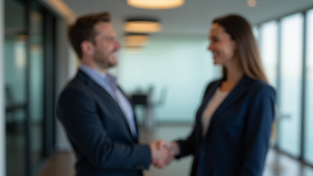 Duas pessoas apertando mãos em escritório profissional após entrevista bem-sucedida, expressões positivas, ambiente corporativo