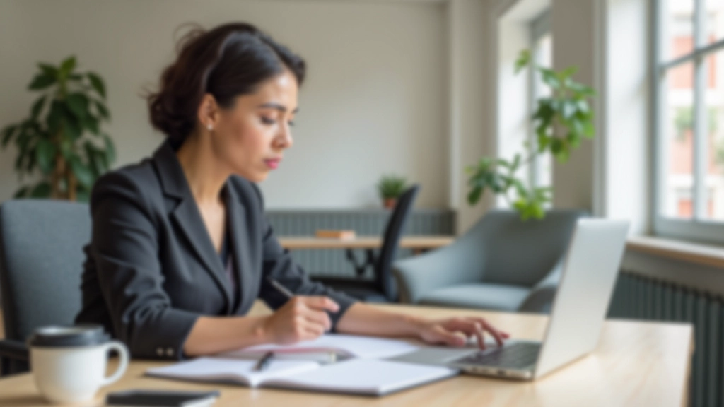 Profissional mulher a escrever email num computador portátil, caneta na mão, anotações sobre entrevista visíveis, café ao lado, ambiente home office minimalista