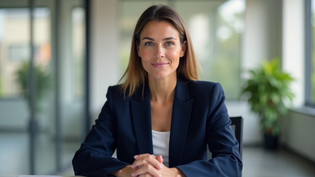 Profissional mulher com blazer azul-marinho sentada numa sala de reunião moderna, postura confiante, expressão atenta, luz natural pela janela